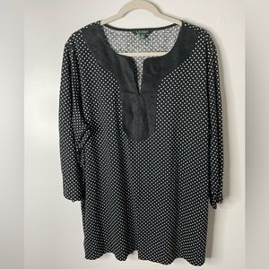 Lauren Ralph Lauren Top Women 3X Black White Polka Dots 3/4 Sleeve Blouse Tunic